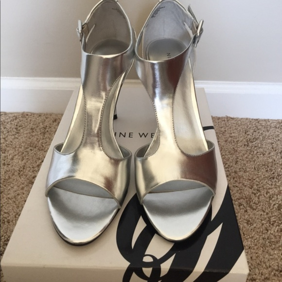Nine West Shoes - Nine West Metallic Silver T-Strap Heels